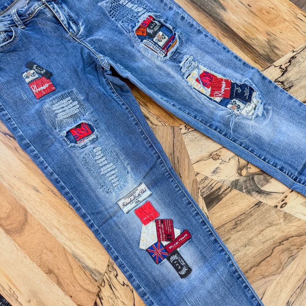 A.Z.I New York, Distressed Layered Patchwork Relaxed Boyfriend Jeans, Women's 4